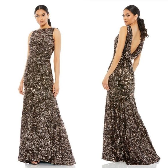 Mac Duggal NWT COWL BACK BOAT NECK SEQUINED EVENING GOWN in Bronze Size 8 - Picture 1 of 10